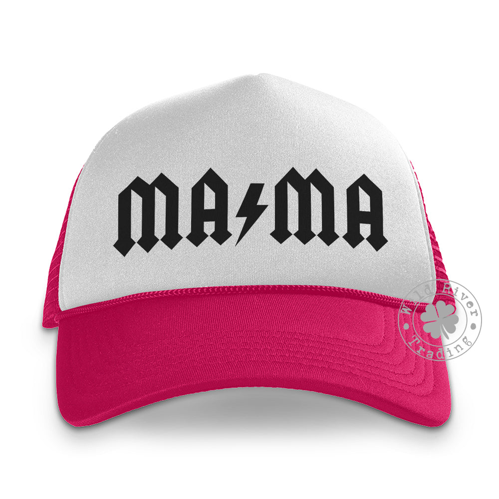 Heavy Metal Mama Lightning Bolt Trucker Hat (Hot Pink/White)